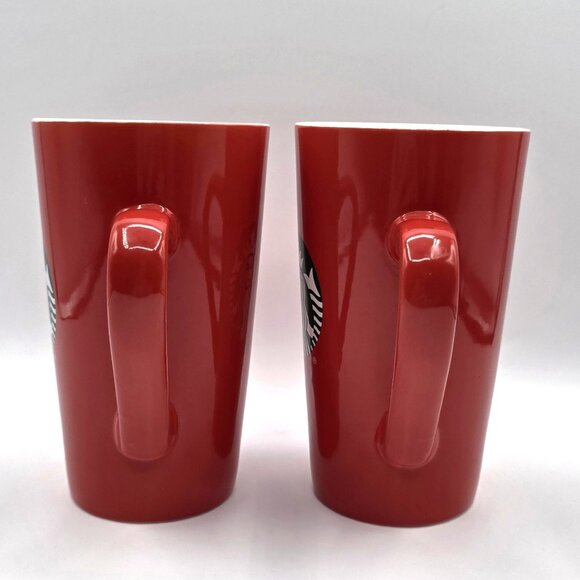 Starbucks 2 Tall Red Mugs Cups Green Mermaid Siren Logo 16 Fl Oz Ea. Coffee Tea - Picture 2 of 9
